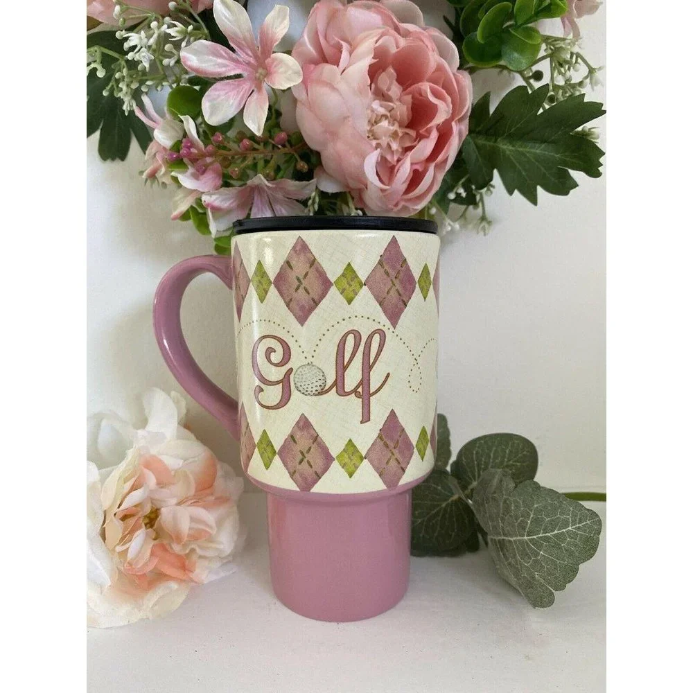 Lang Golf Travel Mug Pink‎ Argyle Ceramic Lid Golf
